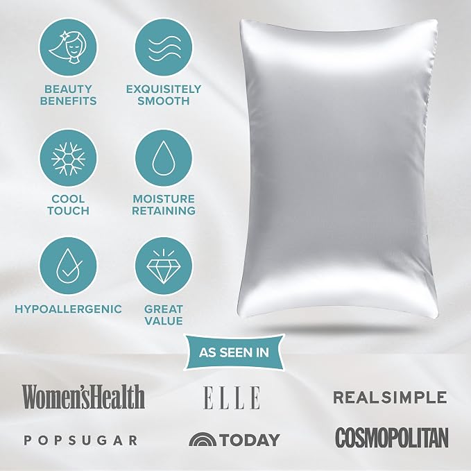 Bare Home 100% Mulberry Silk Pillowcase for Hair and Skin - Ultra Premium 6A Grade 19 Momme Silk Pillow Case - Envelope - Breathable Cooling Pillow Cover (Queen, Silver)