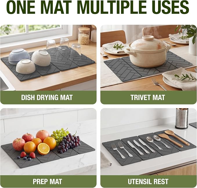 Large Stone Dish Drying Mat for Kitchen Counter,24"×16",Foldable Super Absorbent and Quick Dry Diatomaceous Earth Stone Drying Mat,for Bottles Cups Dishes,Non-slip,Match Any Countertop