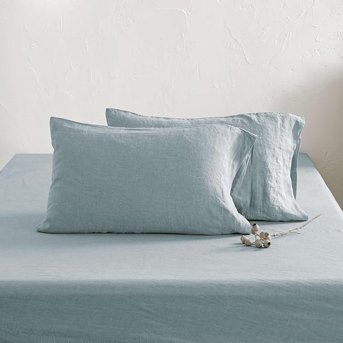 ATLINIA 100% Pure Flax Linen Bedding Set - Stone Washed French Linen Fabric Deep Pocket Fitted Sheet Farmhouse Flat Sheet 2 Pillowcases (Dusty Blue, Queen)