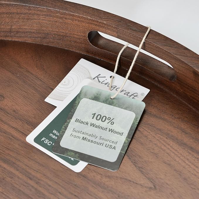 26 x 26 inches Extra Large Round Ottoman Table Tray, Wooden Solid Black Walnut Circle Platter Decorative Serving Tray with Handle for Oversized Ottoman Home Breakfast in Bed Tea Coffee