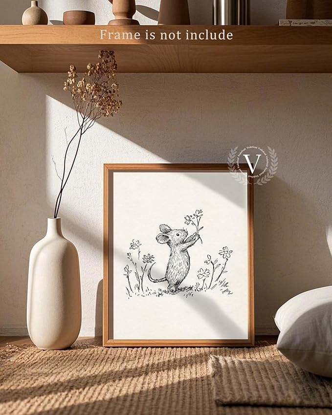 Vodefoad Woodland Mouse Sketch Art Print Vintage Wall Art Decor Neutral Nursery Toddler Room Picture Decor Mouse Sketch Farmhouse Style Wall Decor for Gallery Nursery Bedroom Bathroom Office - 8x10Inch Unframe