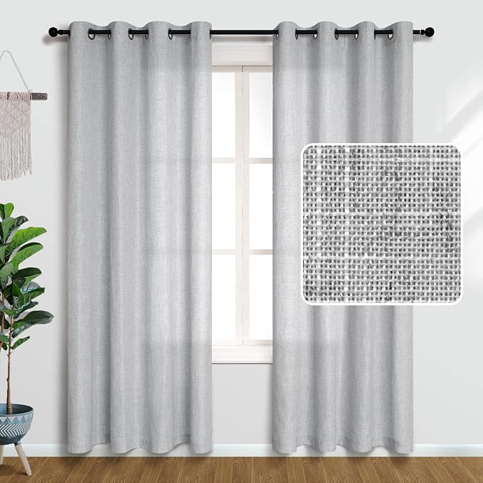 Pitalk Light Grey Curtains 96 Inches Long for Living Room 2 Panels Set Grommet Linen Window Treatments 96 Inch Light Filtering Semi Sheer Curtains for Bedroom Country Gray