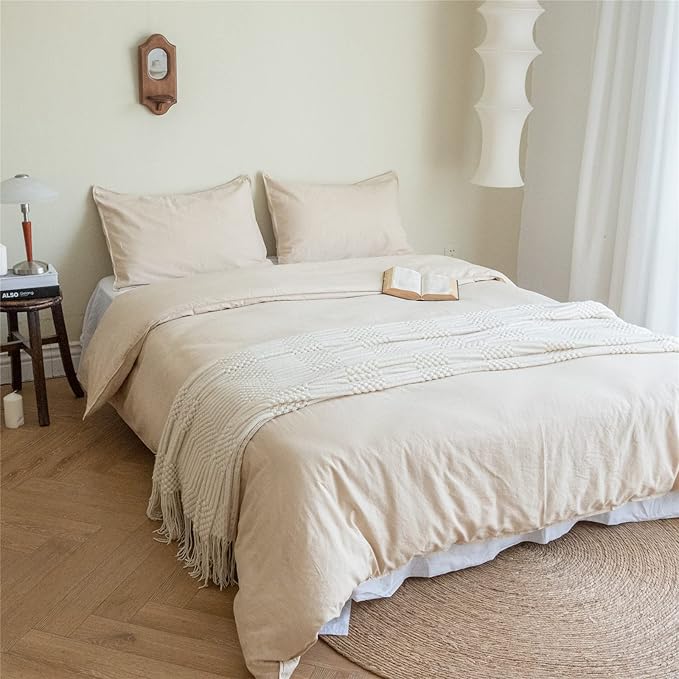 BISELINA French Linen Duvet Cover Set 2pcs with Hidden Zipper Closure Natural Flax Cotton Blend Solid Color Soft Breathable Luxury Farmhouse Bedding - Twin Size, Linen/Beige