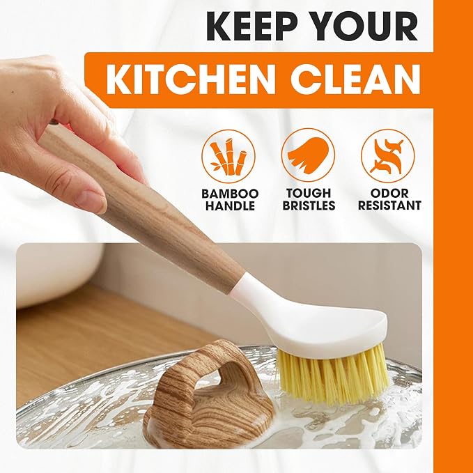 Cheer Collection Bamboo Dish Brush Set of 3 – Kitchen Scrub Brushes with Non-Scratch Bristles for Pots, Pans, and Sink Cleaning – Durable Dishwashing Brushes for Daily Kitchen Use