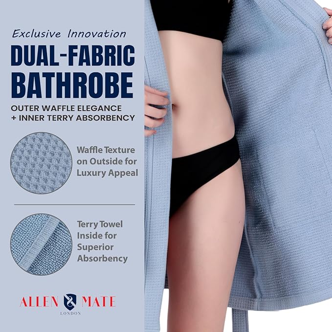 ALLEN & MATE 100% Cotton Women's Short Robe Dual Fabric Waffle Outside & Terry Towel Inside Kimono Bathrobe Medium Weight
