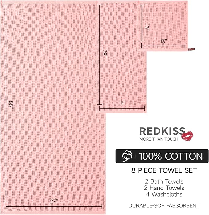 REDKISS Quick Dry Waffle Towel Set of 8, 100% Cotton,Lightweight & Highly Absorbent Waffle Towels for Bathroom, Spa, Gym, Pool-2 Bath Towels, 2 Hand Towels & 4 Washcloths,Pink