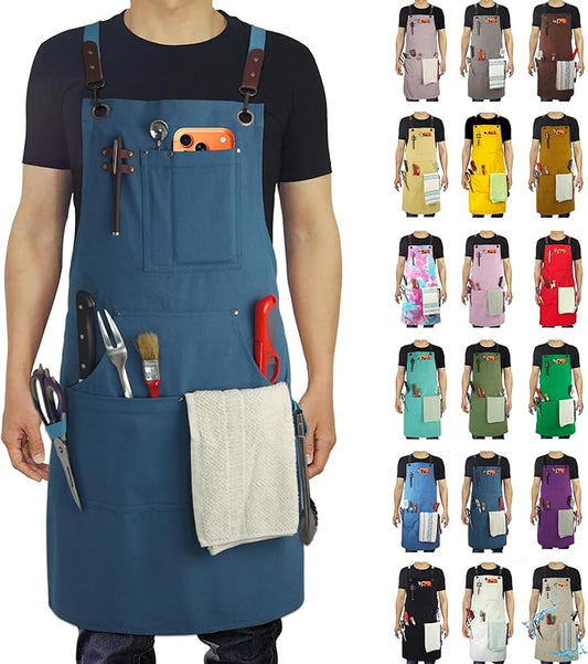 Kitchen Apron, Work Apron, Canvas, Multiple Pockets, Gardening, Painting, BBQ, Artist, Carpenter, Sizes M to XXL, Blue