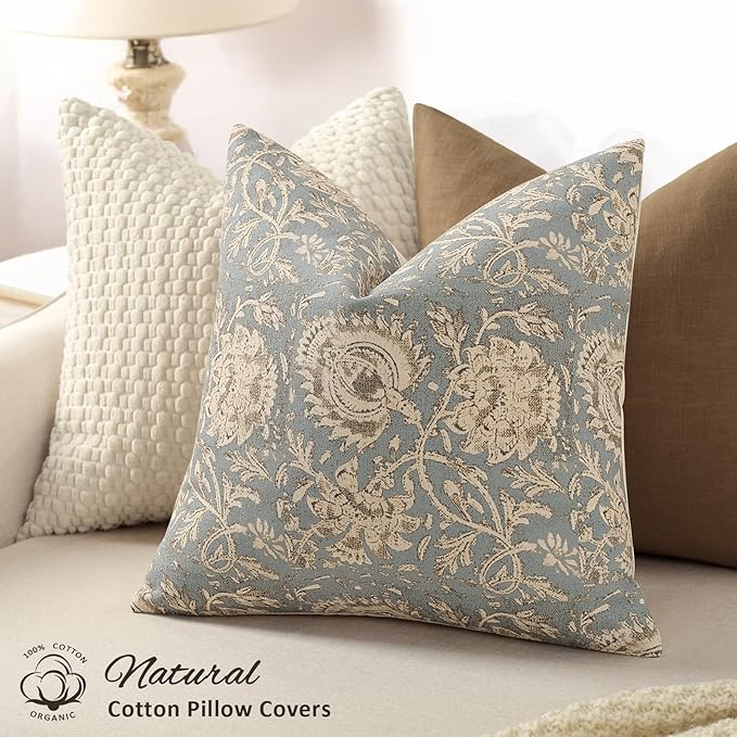 Vintage Floral Print Throw Pillow Covers 12x20 Set of 2 Neutral Modern Farmhouse Pillowcases Accent Decorative Cushion Covers Boho Home Decor for Couch Sofa Chair Bed Living Room, Sky Blue