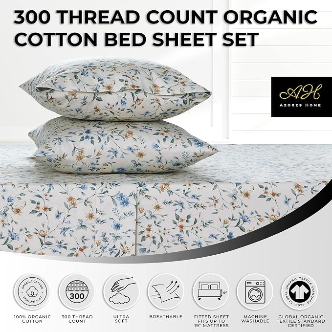 AZORES HOME Twin XL Organic Cotton Sateen Sheet Set - Deep Pocket, 300 Thread Count, 3-Piece Luxury Bedding, Carolina Cream