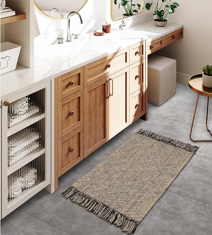 Collive Washable Small Bathroom Rug 2x3, Hand Woven Low Profile Front Door Mat Natural/Black Farmhouse Entryway Rugs, Cotton Reversible Kitchen Carpet for Foyer Bedroom Door Decor
