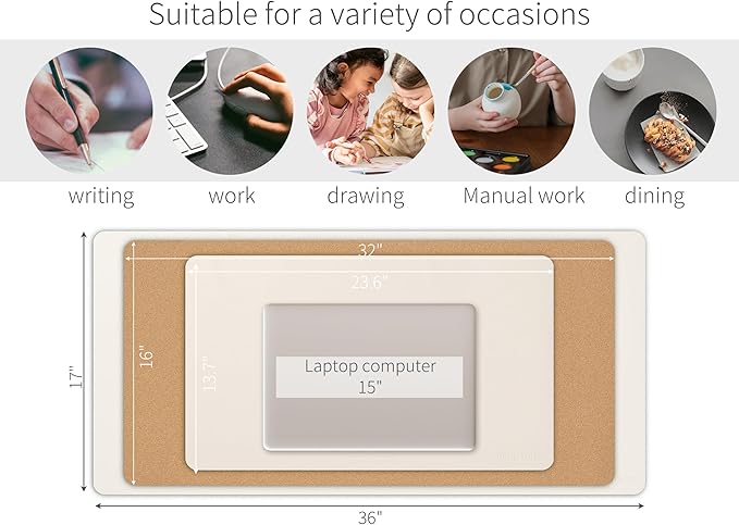 RENMTURE Dual-Sided Large Desk Pad, Faux Leather Natural Cork Mouse pad, Desk Accessories Protector, for Office and Home Work (Off-White, 36"x17")