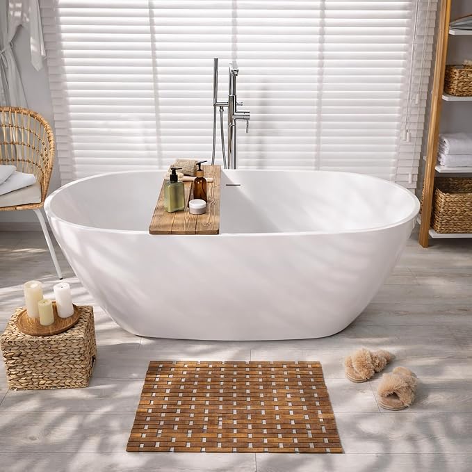 Square Natural Bamboo Bathroom Mat, Non Slip Bath Mat, Perfect for Shower | Spa and Sauna, Kitchen Mat, Outdoor Patio, Non-Slip Design, Foldable Convenience, Water-Resistant Material, Spa Room, Brown