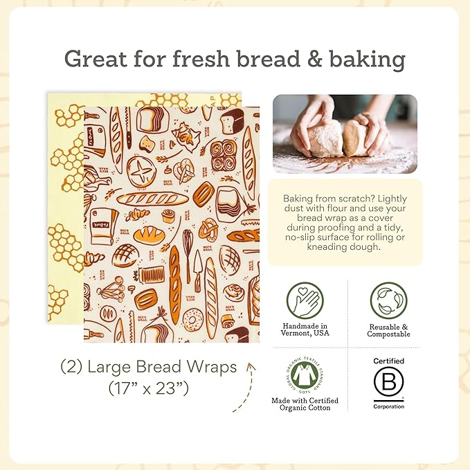 Bee's Wrap Beeswax Wraps for Bread - 2 Pack Beeswax Bread Wrap for Sourdough & Bread Storage - Plastic Free Made in USA Reusable Natural Food Wrap - Bakery Lane & Honeycomb