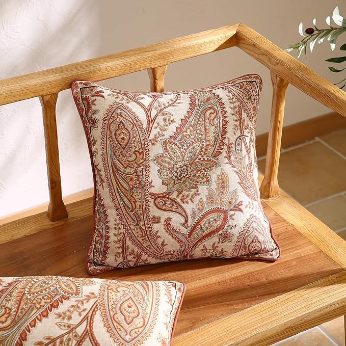 ISAENNE Design Linen Classic Vintage Throw Pillow Covers 18"x18" Pack of 2, Square Cushion Covers with Orange Yellow Paisley Style Pattern Decoration Pillowcases for Bed,Living Room,Outdoor,Car