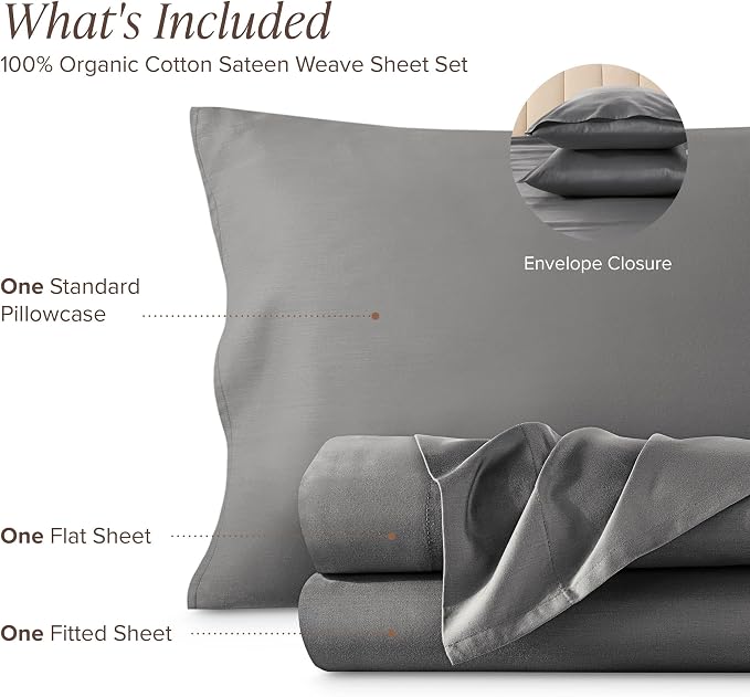 Bare Home 100% Organic Cotton Twin Extra Long Sheet Set - 400 Thread Count - Smooth Sateen Weave - Breathable & Cooling - Hotel Luxury Set - Deep Pocket Bed Sheets (Twin XL, Grey)