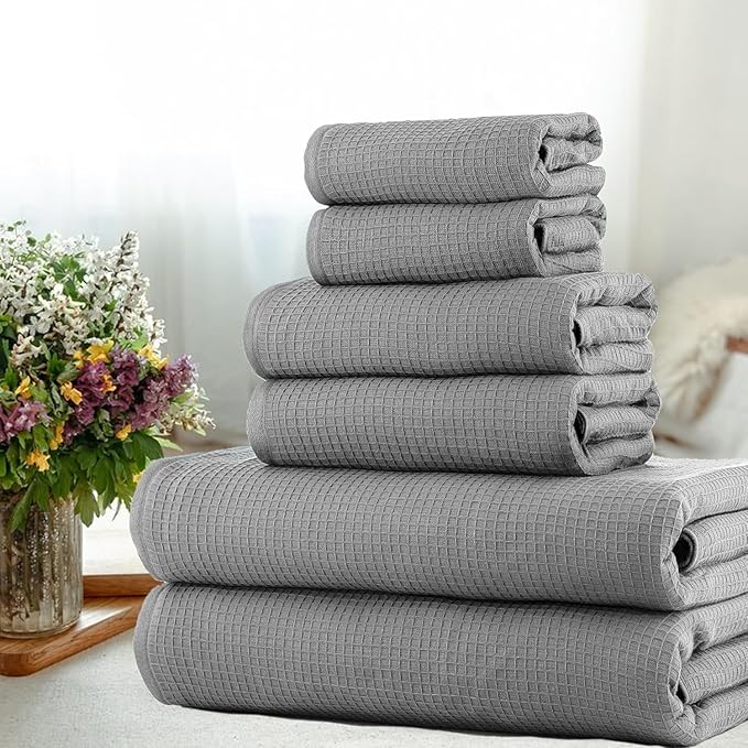 CASA COPENHAGEN Waffle 6Pcs 100% Egyptian Cotton Large Designer Towels Gift Set- Grey Violet, 2Bath 2Hand 2Washcloths, Bath Towels for Bathroom (Box Pack, Set for Women & Men)