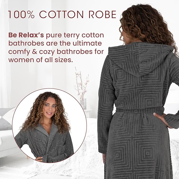 Be Relax Bathrobe for Women - Full Length Terry Cotton Robe with Shawl Collar and Hood, Warm and Cozy Robe with Belt & Pocket