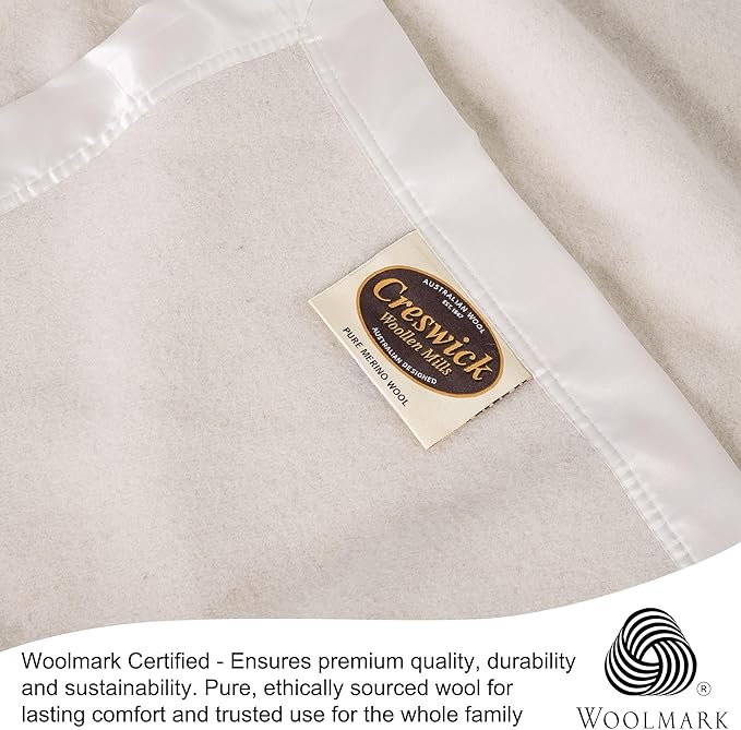 Creswick Woollen Mills 100% Australian Merino Wool Blanket – Soft Warm and Natural with Satin Binding, Breathable Luxury Bedding for All Seasons, (Natural, Throw)