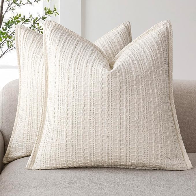 Foindtower Set of 2 Decorative Cotton Waffle Weave Throw Pillow Covers Euro Shams Cushion Covers Accent European Pillowcase for Bed Couch Sofa Bedroom Living Room Home Decor 22×22 Inch Natural Ivory