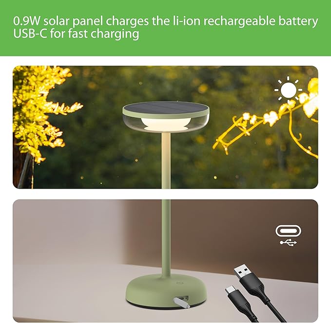 Cocktail Style Solar Table Lamp - Cordless LED Light with USB-C Charging, Dimmable Warm 2700K Glow, Weather Resistant for Indoor/Outdoor Use - Green, 1 Pack