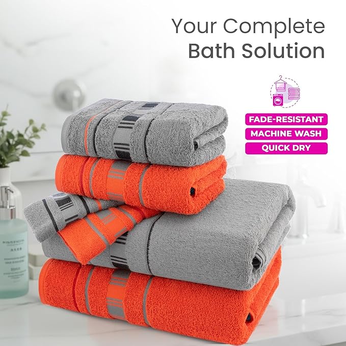 CASA COPENHAGEN X Line 6Pcs 100% Egyptian Cotton Large Designer Towels Gift Set- Grey - Red, 600 GSM, 2Bath 2Hand 2Washcloths, Bath Towels for Bathroom Set for Women & Men