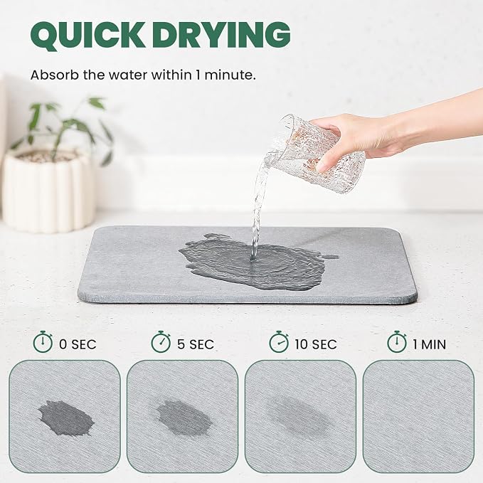 Super Absorbent Stone Drying Mat for Kitchen Counter, Fast-Drying Diatomaceous Earth Dish Drying Mats, Versatile Stone Drying Tray for Cups Dishes Bottles, Mist Gray