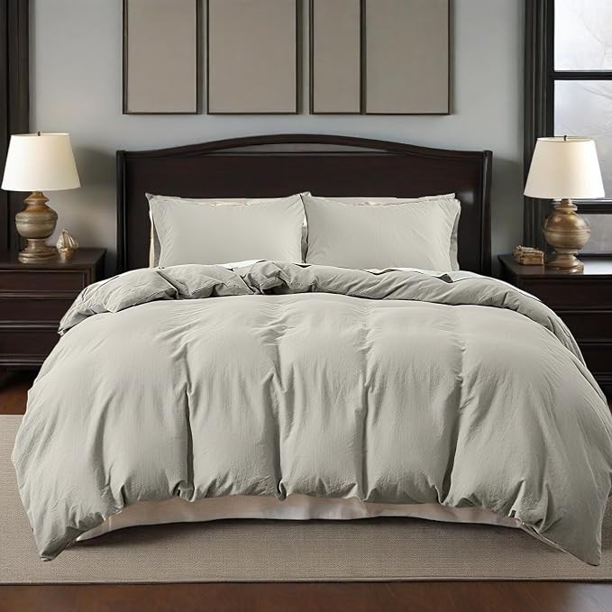 QKTE French Linen Duvet Cover Set, 3 PCS Natural French Flax Light Grey Duvet Cover Queen Size, Breathable Soft Comfy Linen Bedding Comforter Cover with 2 Pillowcases(Light Grey, 88" x 92")