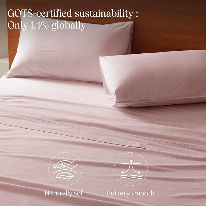 Double Stitch 100% Organic Cotton Sheets, King Size Sheets Set, GOTS Certified Long Staple Cotton Bedsheets, Luxury & Soft Hotel Bed Sheets with 16 inches Deep Pocket, Made in India Light Pink