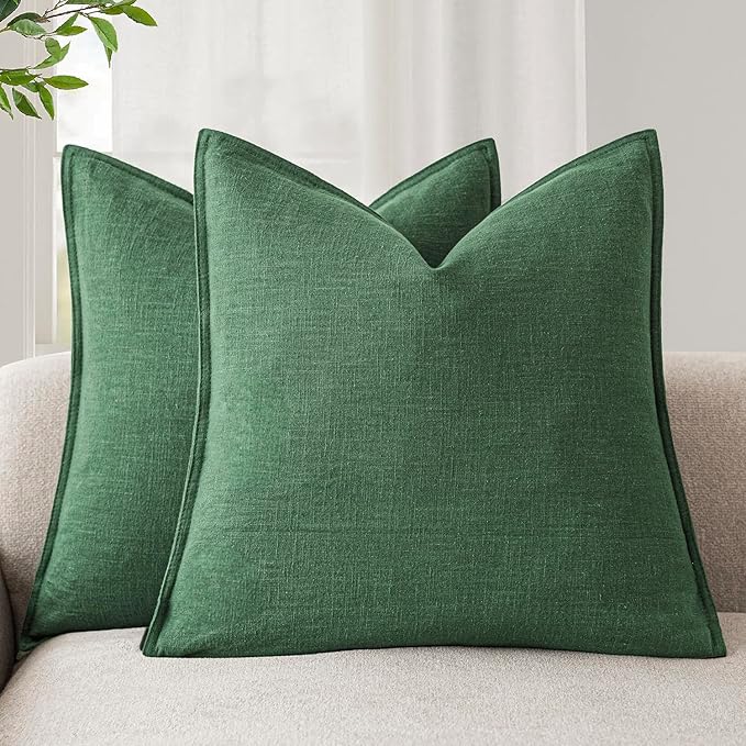Foindtower Set of 2, Decorative Linen Soild Throw Pillow Covers Soft Accent Euro Cushion Case Farmhouse Neutral Pillowcase for Chair Couch Sofa Bedroom Living Room Home Decor 20 x 20 Inch Pine Green