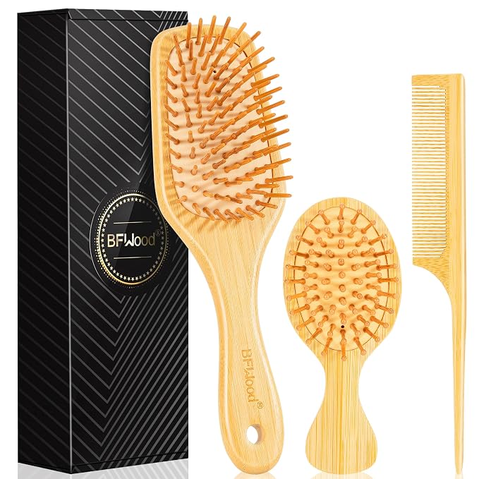 BFWood Bamboo Hair Brush Set, 3 PCS Natural Wooden Combs Paddle Detangling Hairbrush, Traveling Rat Tail Comb and Mini Paddle Brush for Women & Men