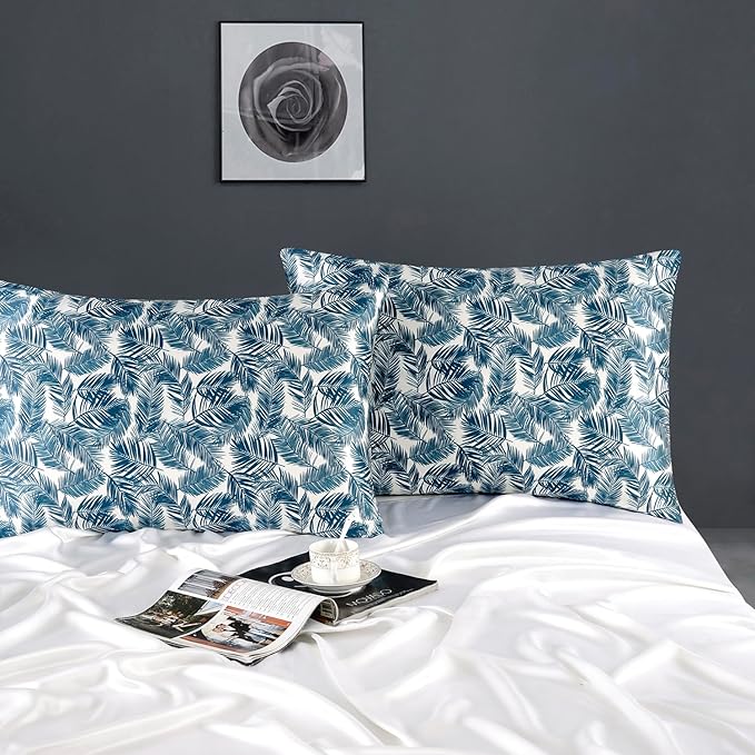 ZIMASILK 100% Pure Mulberry Silk Pillowcase for Hair and Skin Health,Both Sides 19 Momme Silk Floral Print,1pc (King 20''x36'',Blue Leaves)