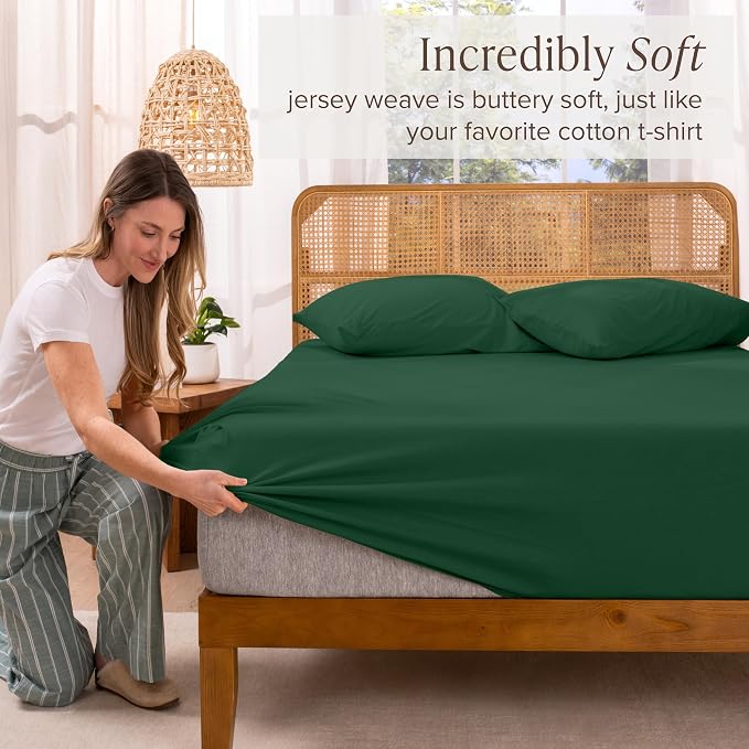 Bare Home 100% Organic Cotton Jersey Fitted Sheet - Full Size - Ultra Soft - Deep Pocket Fitted Sheet - 100% Cotton - Ring Spun Yarns (Full, Forest Green)