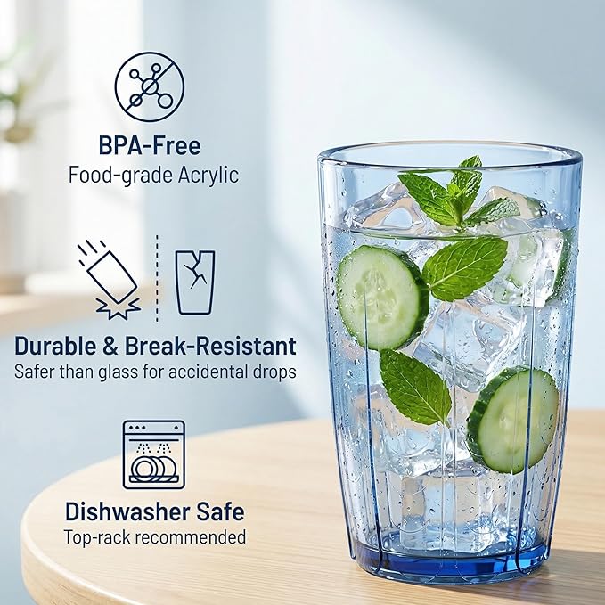 ZEAYEA Set of 6 Acrylic Drinking Cups, 14 oz Unbreakable Water Tumbler, Reusable Plastic Drinking Glasses, Stackable Beverage Tumbler for Juice, Lemonade, Ice Coffee, BPA-free, Dishwasher Safe