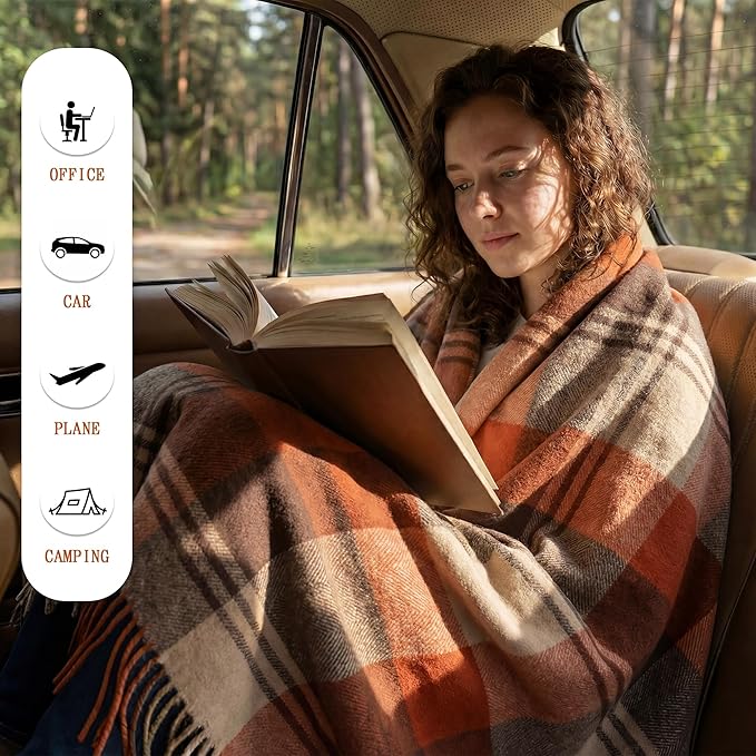Soft Pure Wool Throw Blanket, Lightweight Warmth, 55"x83", Plaid, Fringe, Compact with Bag, Useful Gift for Women Men, All Season Decorative Cozy Travel Blanket for Couch Bed, Outdoors