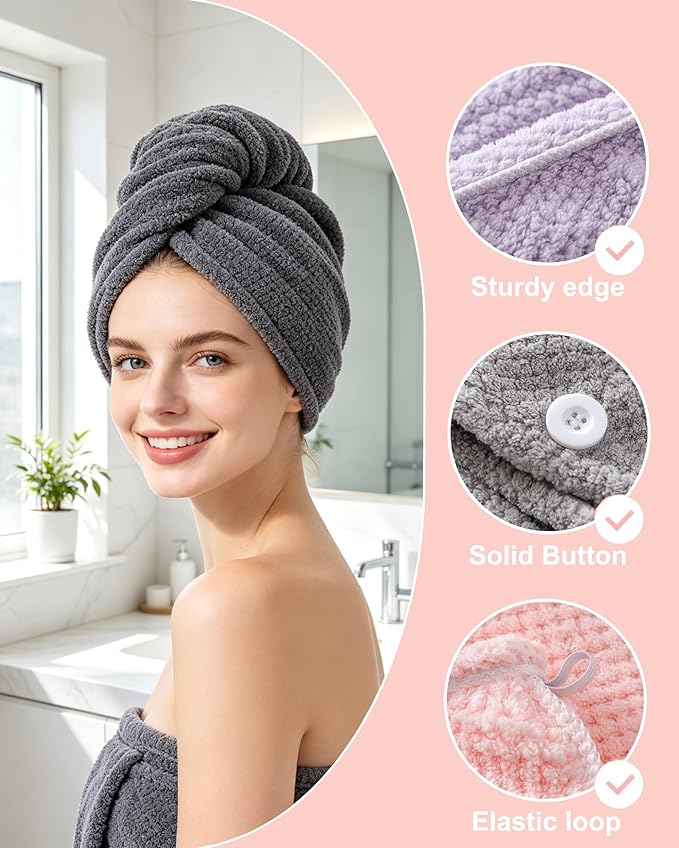 Lumimi Microfiber Hair Towel Wrap 3 Pack for Women Super Absorbent Quick Dry Turban with Button Closure, Lightweight Hair Towel Cap(3 Colors A)