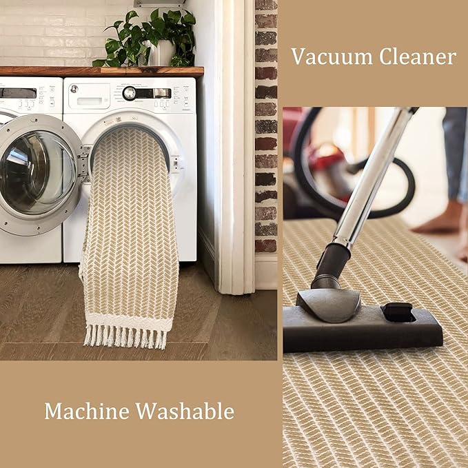 Lahome Belle Boho Laundry Room Rug, 2x7 Runners for Hallways Lightweight Entry Woven Cotton Runner Rug with Tassels, Farmhouse Non Shedding Washable Rugs Low Pile Runner for Kitchen Bathroom, Khaki