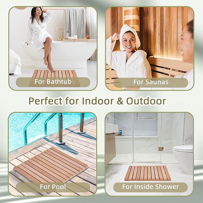 bingaai Cedar Wood Shower Mat 24" × 24", Cedar Wood Bath Mat Square, Wooden Shower Stall Mat Non-Slip for Bathroom Bathtub Spa Sauna Garden Home, Wooden Floor Mat Large for Indoor and Outdoor