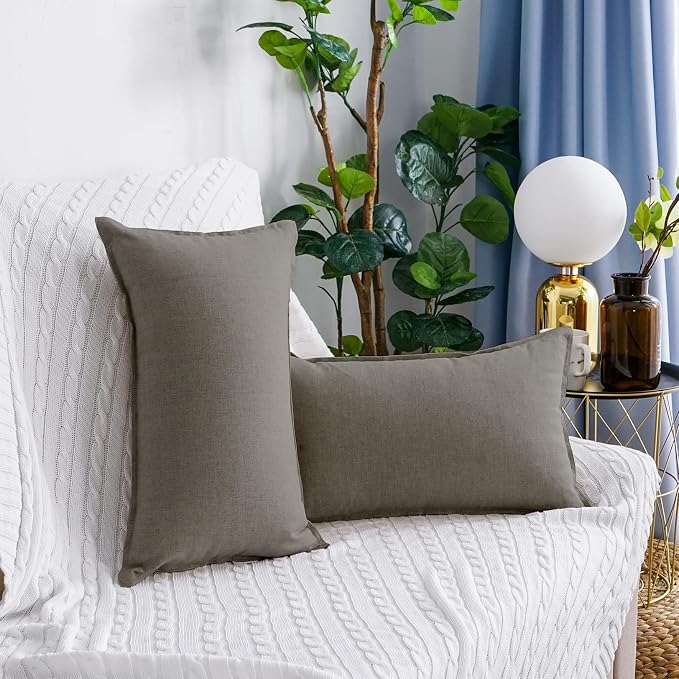 Jeanerlor Natural Cotton Linen Green Decorative 12"x20" Throw Pillow Case Cushion Cover with Twin Needles Stitch on Edge for Lumbar, (30 x 50cm), 2 Pcs, Gray