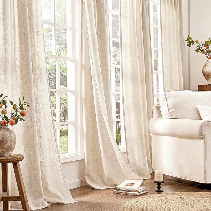 jinchan Beige Linen Blend Curtains 96 Inches Length 2 Panels Floor to Ceiling Curtains for Bedroom Living Room, Semi Sheer 50 Inches Wide Natural Farmhouse Drapes Rod Pocket Back Tab (50W x 96L, Ecru)