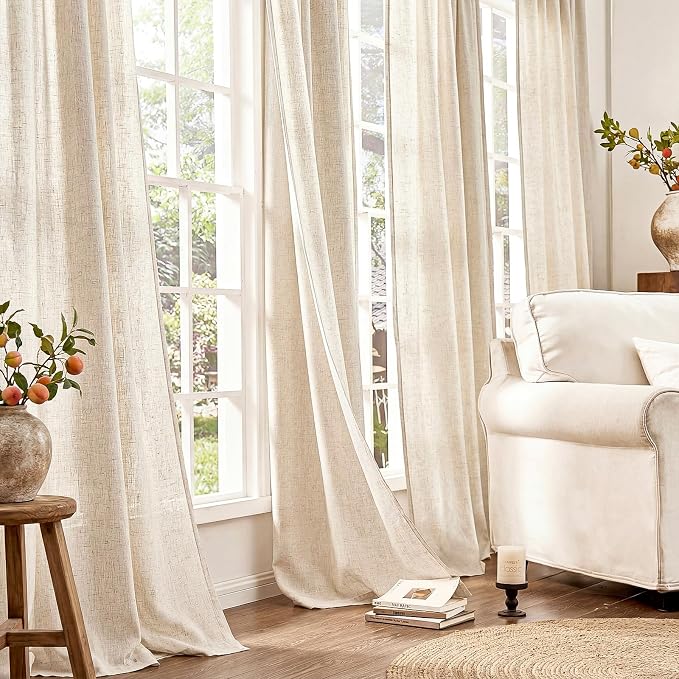 jinchan Custom Size Curtain Beige Linen Blend Curtain 1 Panel for Bedroom Living Room Light Filtering Natural Farmhouse Rustic Grommet Drape (Ecru)