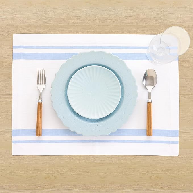 Solino Home Linen Placemats Set of 4 - French Stripe Dusty Blue and White Placemats 14 x 19 Inch - 100% Pure Linen Table Mats for Summer