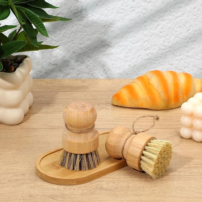8 Packs Bamboo Dish Scrub Brushes Natural Palm Wooden Scrubbers Set Kitchen Dishwashing Scrubber with Natural Sisal Bristles for Iron Pot Pan Sink (Round)