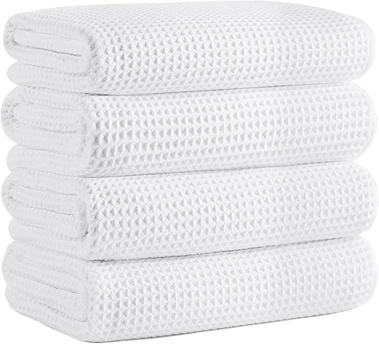 Microfiber Waffle Bath Towels, 4 Pieces, Soft, Absorbent, Fast Drying, Lint Free 430 GSM (White)