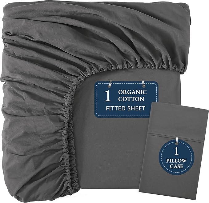 LANE LINEN 100% Organic Cotton Fitted Sheet Twin Size (No Flat Sheet) - Soft & Breathable Percale Weave Fitted Sheet Set for Added Luxury - 15'' Deep Pocket for Snug Fit - GOTS Certified - Charcoal