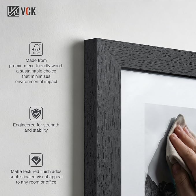 VCK 5x7 Picture Frame Black - 4 Pack, Gallery-Quality Wood Poster Frames, 1.1-Inch Wide Border, Polished Plexiglass, Vertical or Horizontal Wall & Tabletop