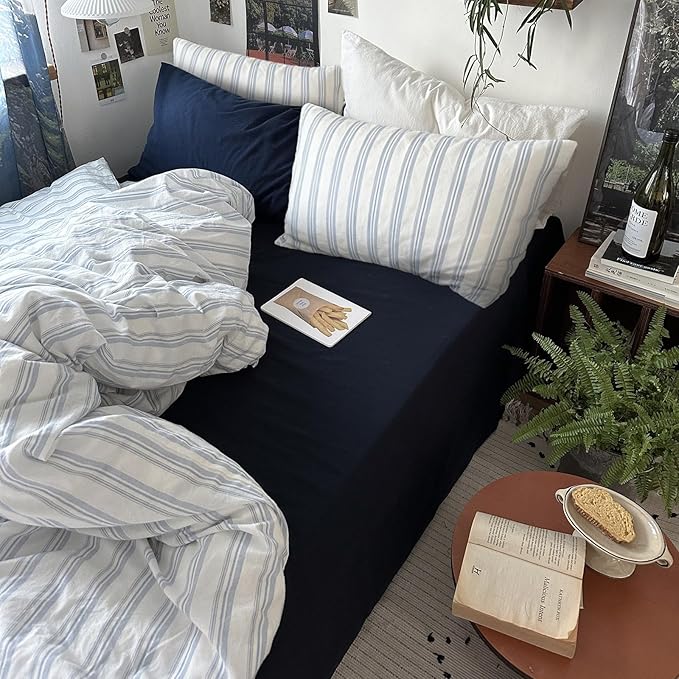 mixinni Vintage Blue & White Striped Duvet Cover Set - 3 Piece 100% Washed Cotton Twin Size Bedding | Minimalist Relaxed Style | Ultra Soft Breathable, with Zipper Closure & Corner Ties-Twin Size