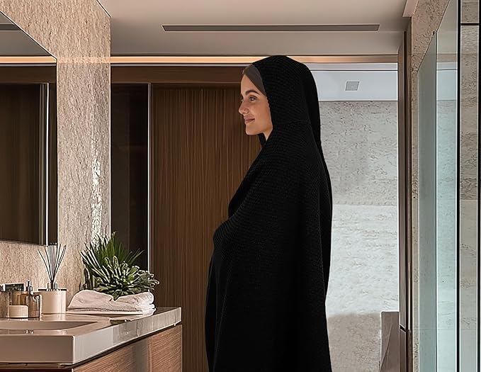 COTTON CRAFT Hooded Bath Towel – 2 Pack Oversized 35x70 Waffle Weave Towel with Hood for Adults - 100% Ringspun Cotton Pool Bath Sheet Wrap with Hood - Soft Super Absorbent Quick Dry – 450 GSM – Black