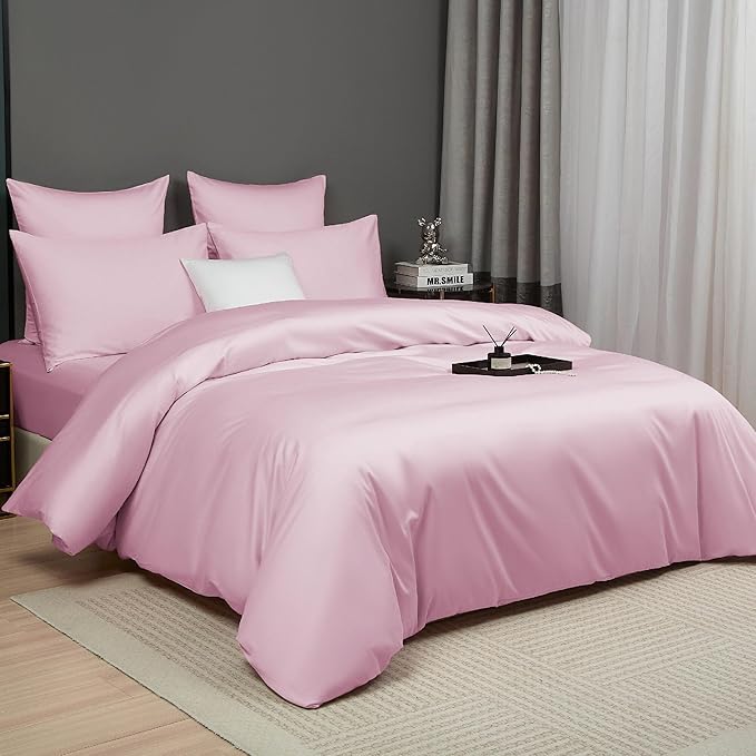 Blush Pink Cotton Duvet Cover Set Queen 100% Long-Staple Cotton Sateen Bedding Set, Soft Breathable Smooth Organic Pure Cotton Plain Comforter Cover, Luxury Minimalist Bedroom Decor for All Season