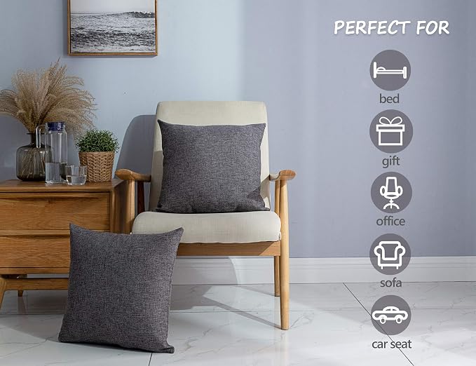 Stellhome Set of 2 Linen Throw Pillow Case Square Decorative Farmhouse Burlap Cushion Case for Bed Couch Sofa Bench, 20 x 20 inch (50 cm), Dark Grey