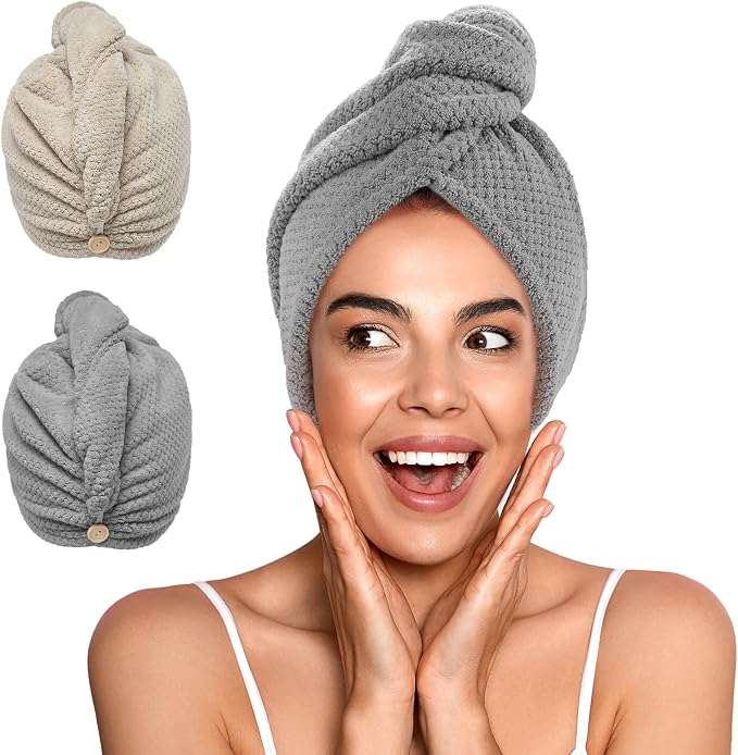 YFONG 2 Pack Microfiber Hair Towel Wrap for Women, Super Absorbent Quick Dry Hair Turban for All Hair Style Anti Frizz, Large Hair Drying Towel with Button
